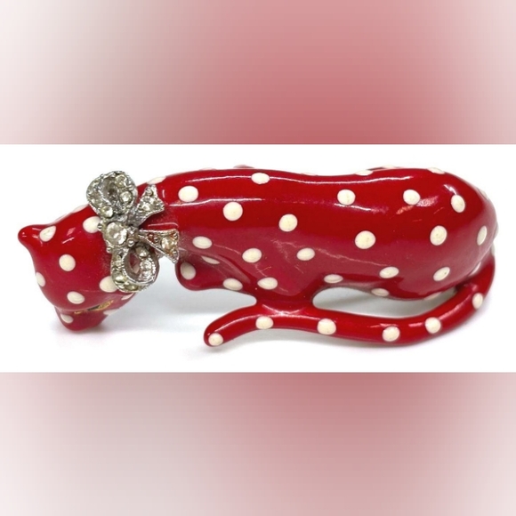 Kenneth Lane Enamel Crystal 1980's Red/White Polka Dot Leopard Signed VTG Brooch - Picture 7 of 16